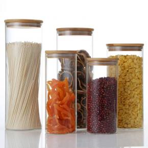 Food grade fancy keep fresh straight round clear high borosilicate glass jar with bamboo lid